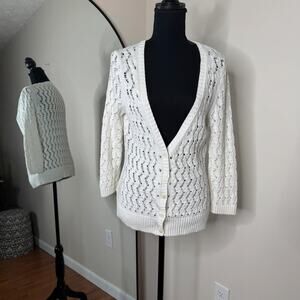 Ann Taylor Loft White Crochet Button Front Cardigan Size L